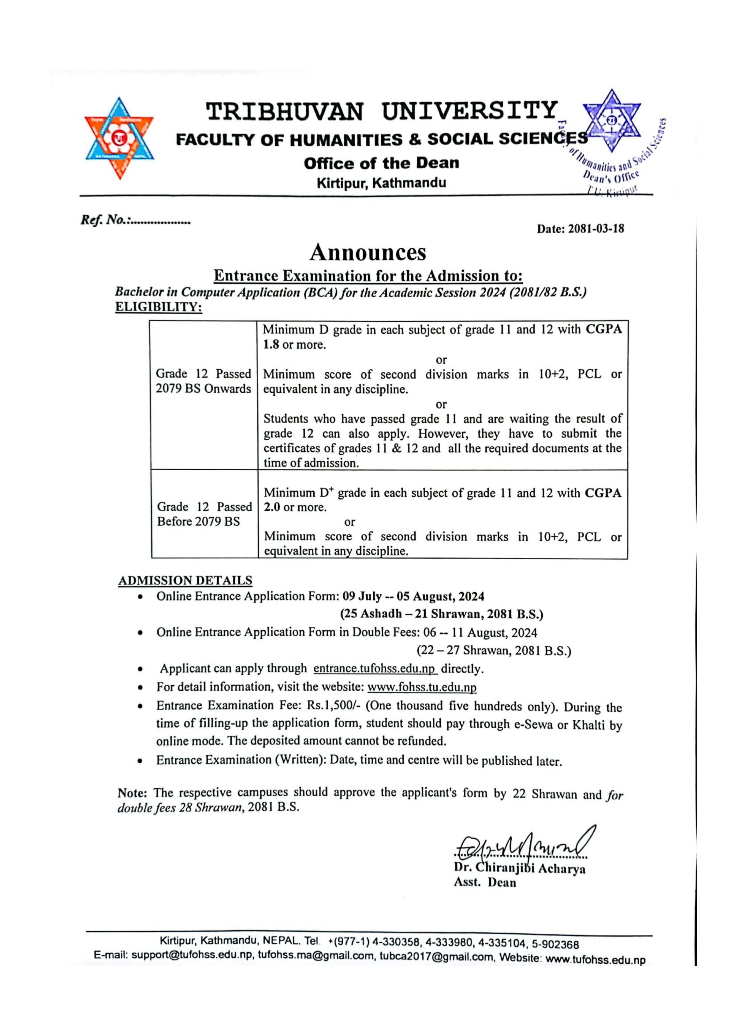 TU notice about BCA entrance exam form fillup for new admission of 2024