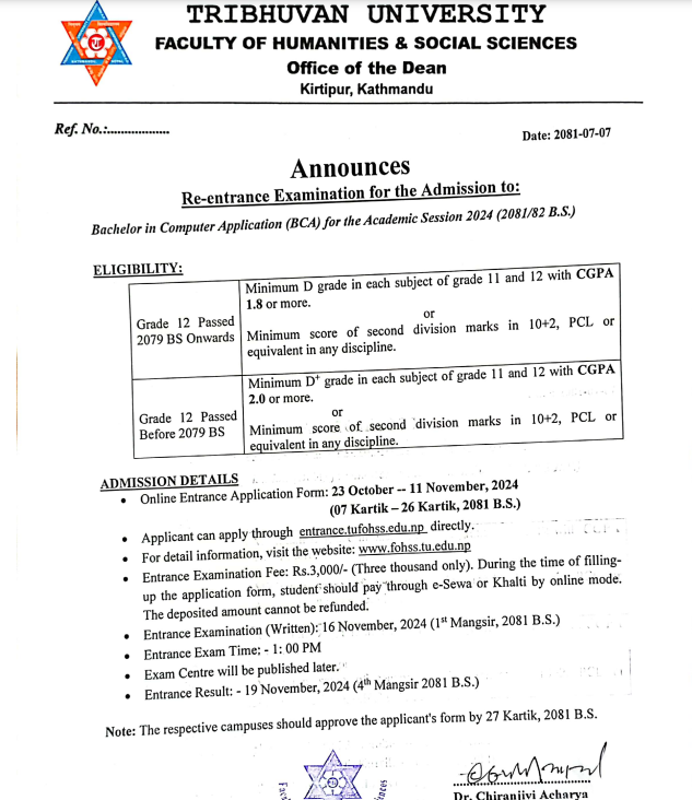 Tribhuvan University published re entrance notice for admission in Bachelor of Computer Application 2081/82.